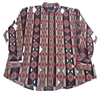 Vintage Wrangler Shirt XXL Red Striped Aztec Western Pearl Snap Long Sleeve - Image 1 of 4