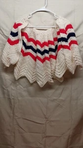 Vintage Hand Crochet Granny Knit Open Front Red White And Blue Striped Shawl... - Picture 1 of 4