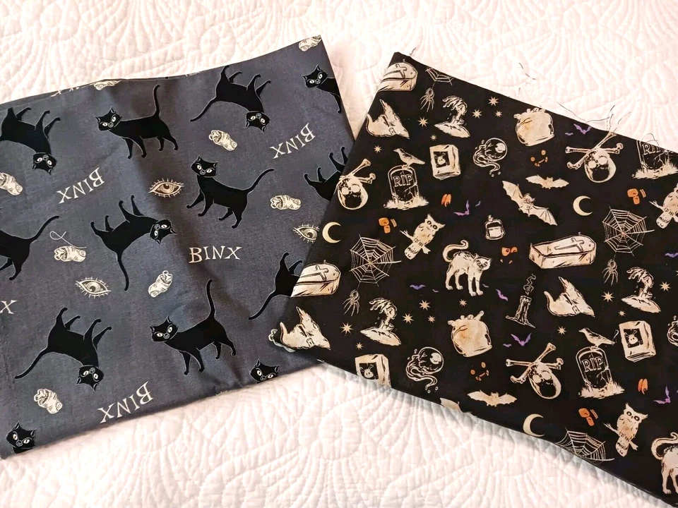 Halloween Hocus Pocus Binx the Cat Fabric & AKO Haunted Eve Black Bats Owls Bats - Image 1 of 4
