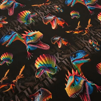 Stoff Baumwolle French Terry Dinos Dinosaurier T-Rex braun multicolor bunt - Bild 1 von 4