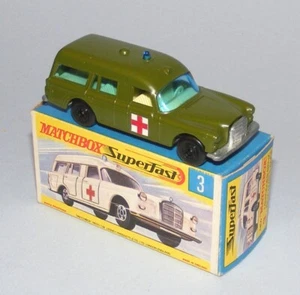 MATCHBOX SUPERFAST #3a MERCEDES BENZ AMBULANCE MILITARY GREEN NEAR MINT BOXED - Picture 1 of 7
