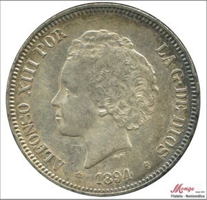 España Alfonso XIII 5 pesetas 1894 (*18*94) PGV Ag - Patina Original EBC / XF - Picture 1 of 2