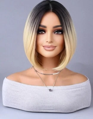 Perruque Synthétique Blonde Doré Racine Foncé Carré Courte Wig Femme +1 Bonnet - Photo 1/4