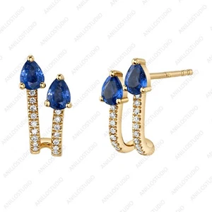 Blue Sapphire &Diamond U-Hoop Earrings 14k Yellow Gold Gift For Wedding Jewelry - Picture 1 of 2