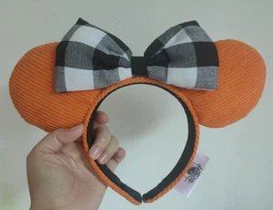 2021 Disney Parks Ears Headband Black White Check Orange Corduroy - Picture 1 of 2