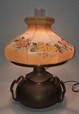 Abajur de cobre Arts And Crafts Mission abajur de vidro assinado LEA - Imagem 1 de 4