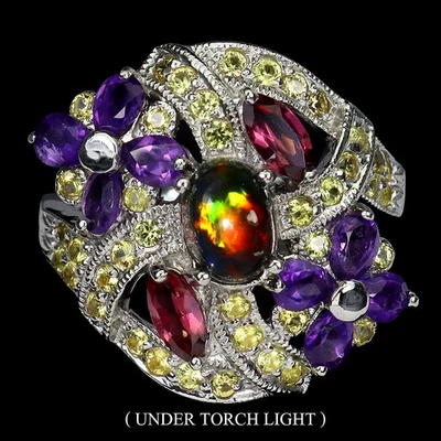 Anillo de plata de ley 925 ovalado ópalo negro 7x5 mm amatista piedras preciosas naturales joyería Foto 1 de 4