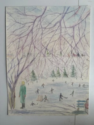 Pintura acuarela vintage patinadores jugadores de hockey paisaje de invierno 12 x 16 único en su clase Foto 1 de 4