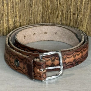 Mens Western Tooled Brown Leather Cowboy Belt Size 45 Made In USA Scroll Pattern - Picture 1 of 10