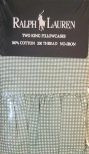 2 Ralph Lauren Small Gingham Green White Thyme Ruffled KING Pillowcases Pair NIP - Picture 1 of 3