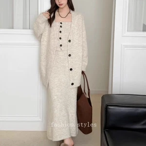 New Breasted Strapless Knitted Cardigan Sweater Jacket Waist Cinching Skirt 3pcs - Picture 1 of 26