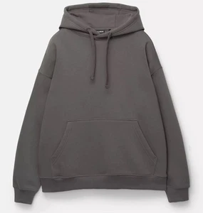 Pull & Bear Basic Large Hoodie Mens Solid Gray Pocket Drawstring NWT - Picture 1 of 3