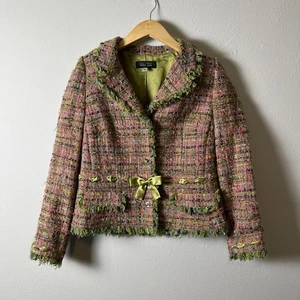 Teri Jon Jacket Womens 12 Tweed Fringe Bow Blazer Dressy Shimmery - Picture 1 of 8