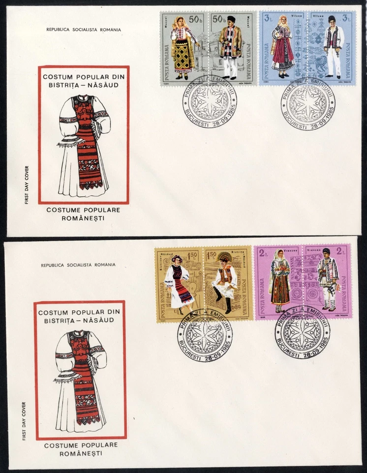 Rumania 1985 pavo real, sombrero, trajes regionales, arquitectura, alfombras, folk 2 FDC Foto 1 de 1