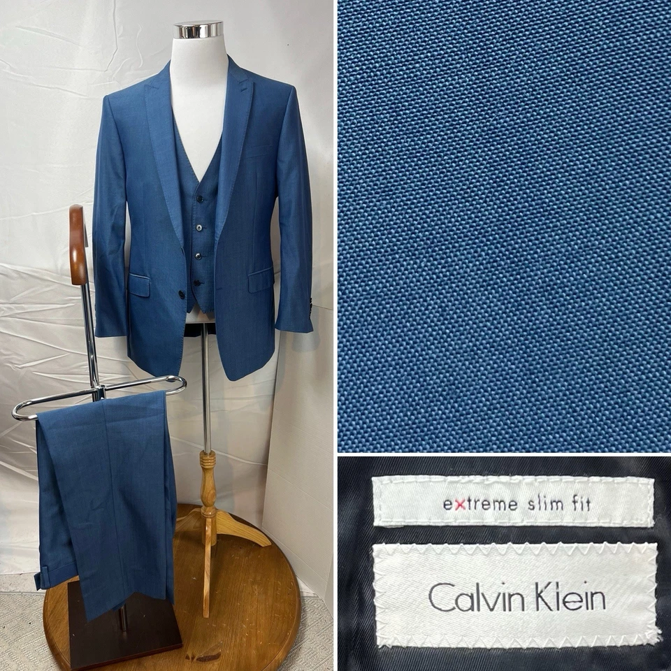 Calvin Klein Extreme Slim Fit Men's 44R Blazer 33x28 Pant Vest Blue 3-Piece Suit - Image 1 of 4