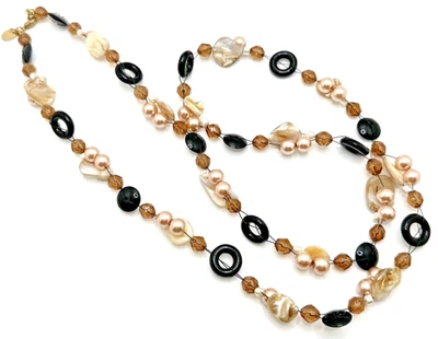 Vintage COOKIE LEE Genuine Pearl Necklace Blister w/ Black Bead Accents 34" - Image 1 of 4