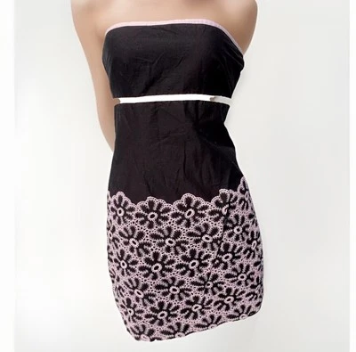 Cynthia Steffe Dress Sz S Strapless Mini Empire Waist Black Pink Eyelet Border - Image 1 of 4