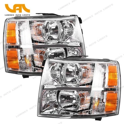 Pair of Headlight For Chevy Silverado 1500 2500HD 3500HD 2007-14 Chrome Housing Foto 1 de 4