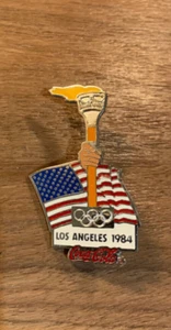 1984 Los Angeles Olympics Coca-Cola Lapel Pin, US Flag & Torch, Games Pin Sociey - Picture 1 of 2