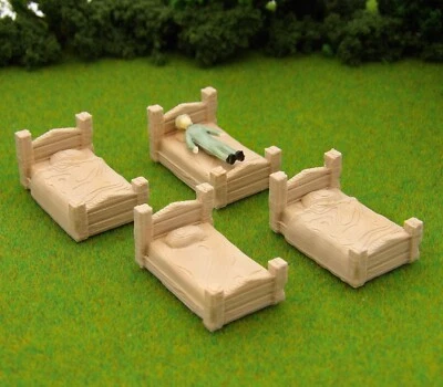 Set of Four - Highly Detailed HO Scale Wooden Beds with Pillows Layout Miniature - Image 1 of 4
