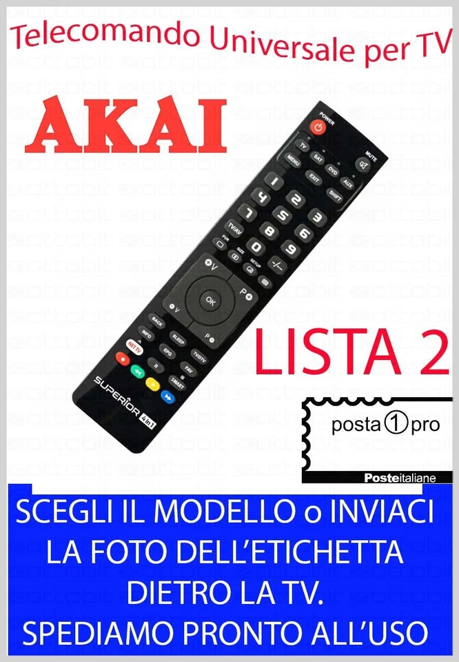 TELECOMANDO UNIVERSALE AKAI DECODER DIGITALE SAT COMBI DVD TV SCEGLI MODELLO L2 - Immagine 1 di 1