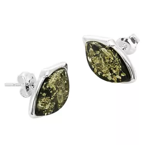 925 Solid Pure Sterling Silver Green Baltic Amber Marquise Stud Pretty Earrings - Picture 1 of 8