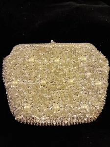 Vintage Silver Clear Crystal Beaded Evening Bag Purse Clutch Top Handle - Picture 1 of 8