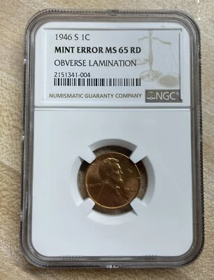 1946 s wheat penny Ms65 RD Mint Error Overse Lamination - Image 1 of 4