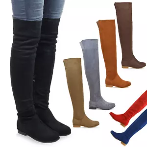 Womens Over The Knee High Flat Ladies Long Faux Suede Thigh High Boots Size 3-8 - Picture 1 of 24