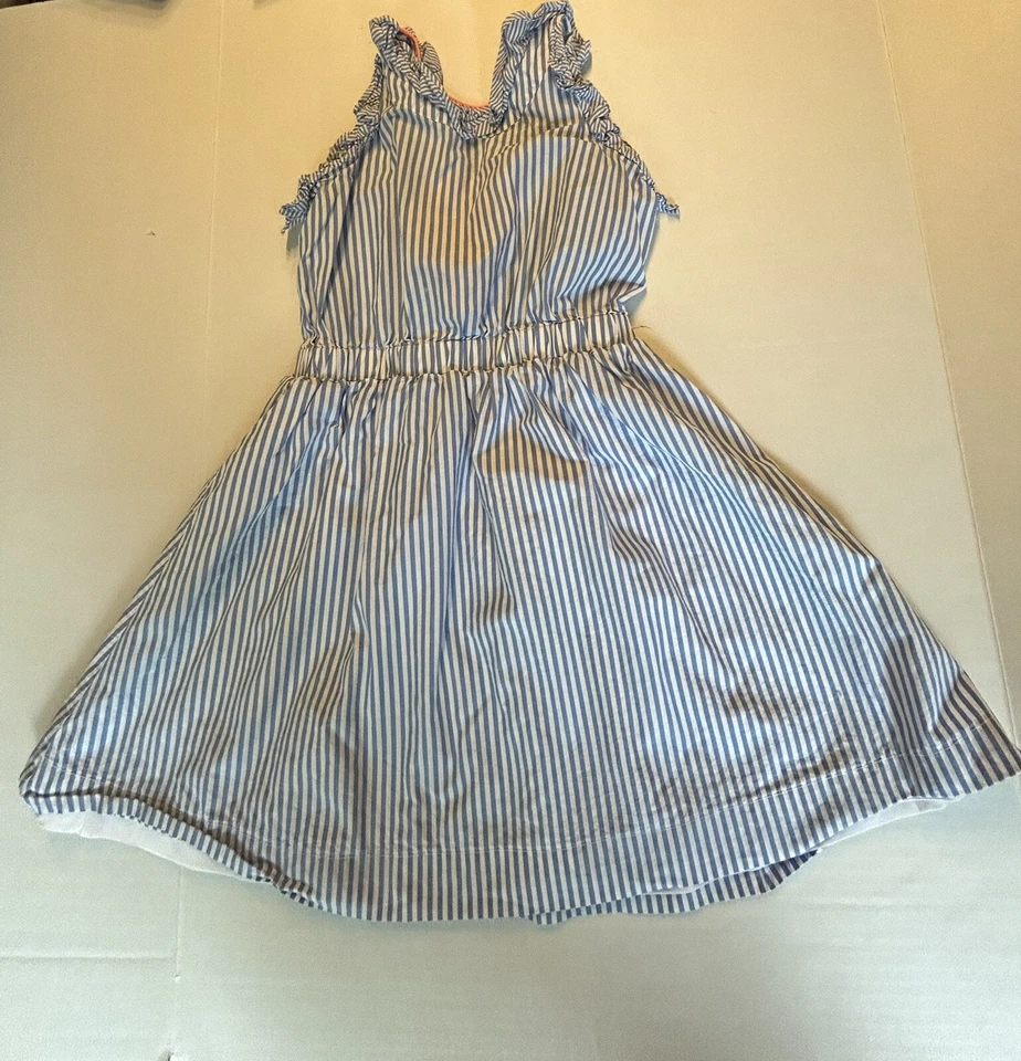 Crewcuts Girls Blue White Stripe Dress Ruffle Pink V Back Size 10 Lined Bottom - Image 1 of 4