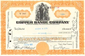 Copper Range Company Michigan 1971 certificado de acciones mineras acción - Imagen 1 de 1
