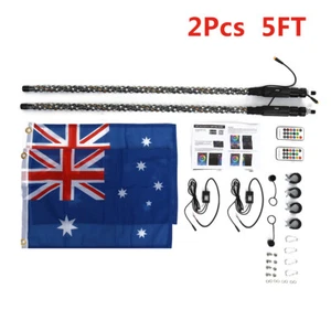 Pair 5FT bluetooth RGB Spiral LED Whip Lights W/ AU Flag &Remote For ATV UTV - Picture 1 of 11