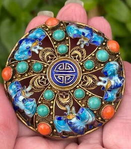 Vintage Chinese Silver Enamel Bat coral turquoise filigree brooch pin jewelry - Picture 1 of 12