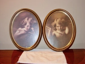 Set Antique 1897 Cupid Awake Asleep M.B.Parkinson Print Oval  Wood Frames 13* - Picture 1 of 7