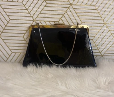 VTG Ande Small Black Patent Leather Evening Bag Gold Frame Holiday Party Purse - Image 1 of 4