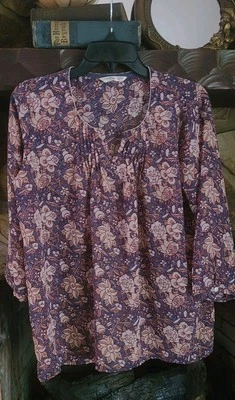 Blusa Boho Floral Manga 3/4 Semisheer Campesina Top Plateado Borde de Cuentas Talla L Foto 1 de 4