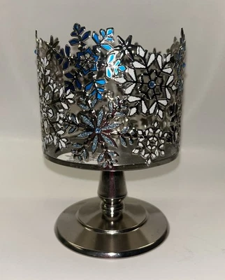 Bath & Body Works Silver & Blue Snowflakes Ped. 3 Wick Candle Holder NEW Flaws - Image 1 of 4