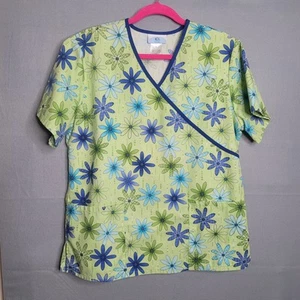 SB Scrubs Women’s Med Scrub Top Floral Patterned Green Blue Short Sleeve Pockets - Picture 1 of 4