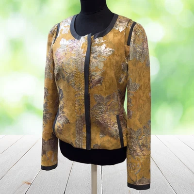 ELIE TAHARI Jacket Womens 8 Gold Metallic Floral Brocade Sashiko Wool Blend - Image 1 of 4