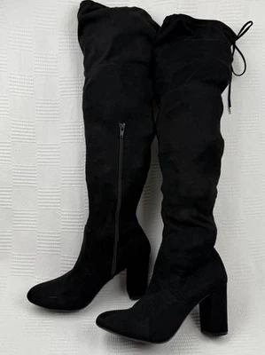 Botas Nina negras con tacón sobre la rodilla hasta el muslo imitación gamuza con cordones en la espalda 9 Foto 1 de 4