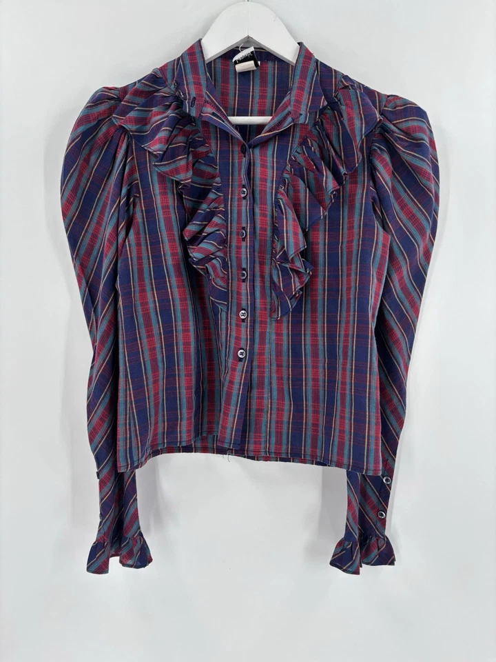 Vintage JT Casuals Button Up Blouse Womens Small Purple Red Long Sleeves Ruffles - Image 1 of 4