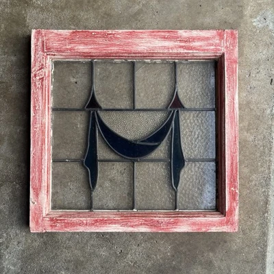 Vintage Old English Leaded Stained Glass Window Wood Frame Red Paint Blue 20x20 - Image 1 of 4