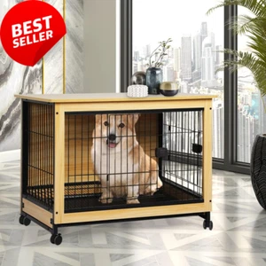 Wooden Wire Dog Kennel Side End Table Steel Puppy Crate Indoor Pet House L - Picture 1 of 12