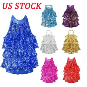 Kid Girls Sequins Jazz Dance Costume Ballet Modern Halter Leotard Shiny Dress - Picture 1 of 56