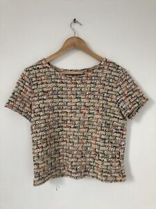 Zara Women Top Size Medium Short Sleeve Metallic T Shirt Knit Tweed 