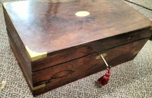 Antique Victorian Rosewood Writing Slope w. Brass, Key & Ink Pots 40.5×23×15.5cm - Picture 1 of 5