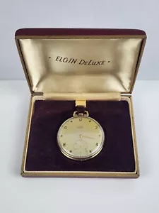 Vintage Elgin DeLuxe 10k Gold Filled 17j Pocket Watch w/ Case Not Running - Picture 1 of 11