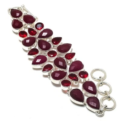 Faceted Ruby, Red Garnet Gemstone Handmade 925 Sterling Silver Jewelry Bracelet - Image 1 of 4