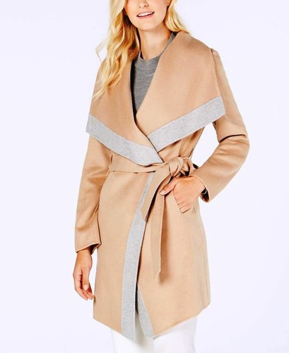 NUOVO CAPPOTTO AVVOLGENTE MICHAEL KORS FINITURE A CONTRASTO SCIALLE COLLARE CINTURA TAGLIA S SMALL