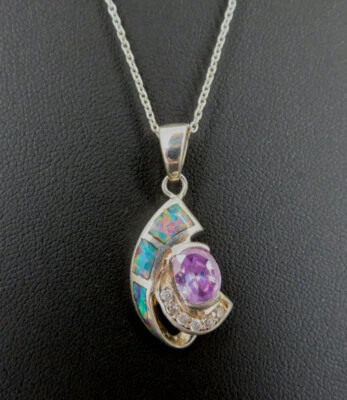 Кулон серебро 925 пробы ожерелье опал кубический цирконий фиолетовый камни серебро - Изображение 1 из 4